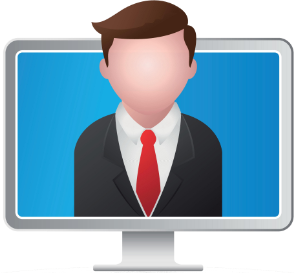 Webinar icon: Man with jacket and tie is looking like a presenter on a computer screen. He is partly over the top of the screen to give the appearance of being live.
